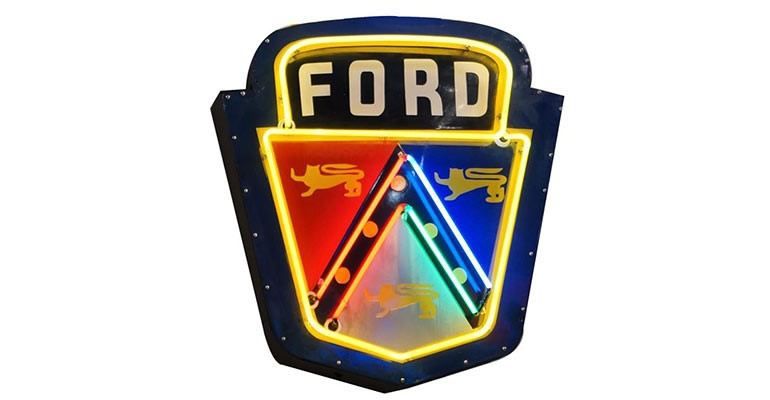 Lot# 6398 - Extremely rare 1953 Ford Golden Jubilee single-sided neon porcelain dealership crest sign.